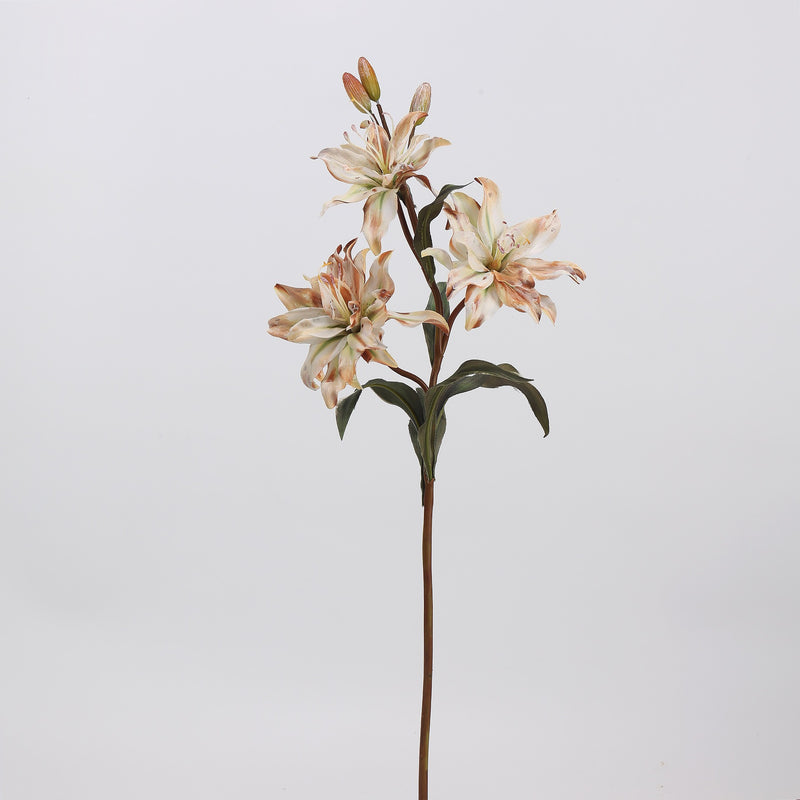 23" Double-Petaled Lily Bush with 3 Blooms, Silk-Like Fabric, Retro Style Artificial Flowers for Weddings & Home Decor