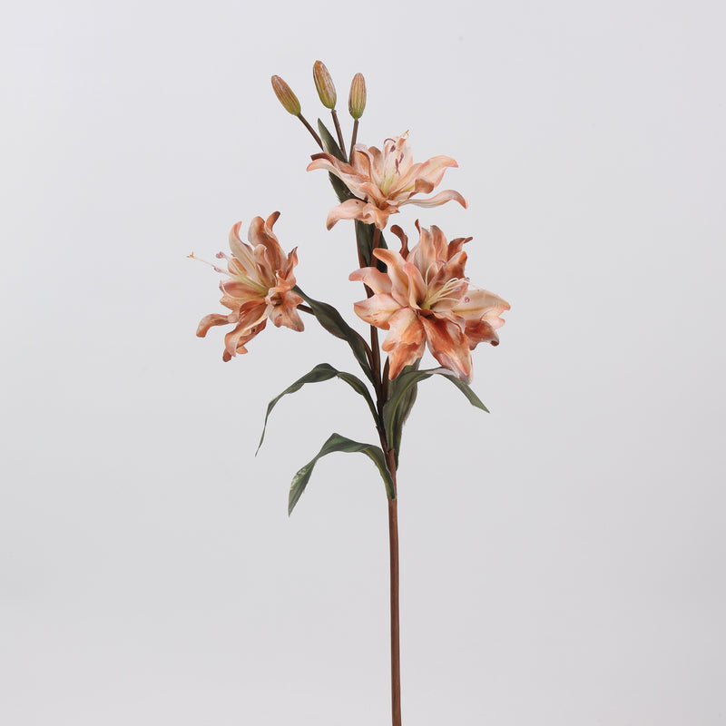 23" Double-Petaled Lily Bush with 3 Blooms, Silk-Like Fabric, Retro Style Artificial Flowers for Weddings & Home Decor