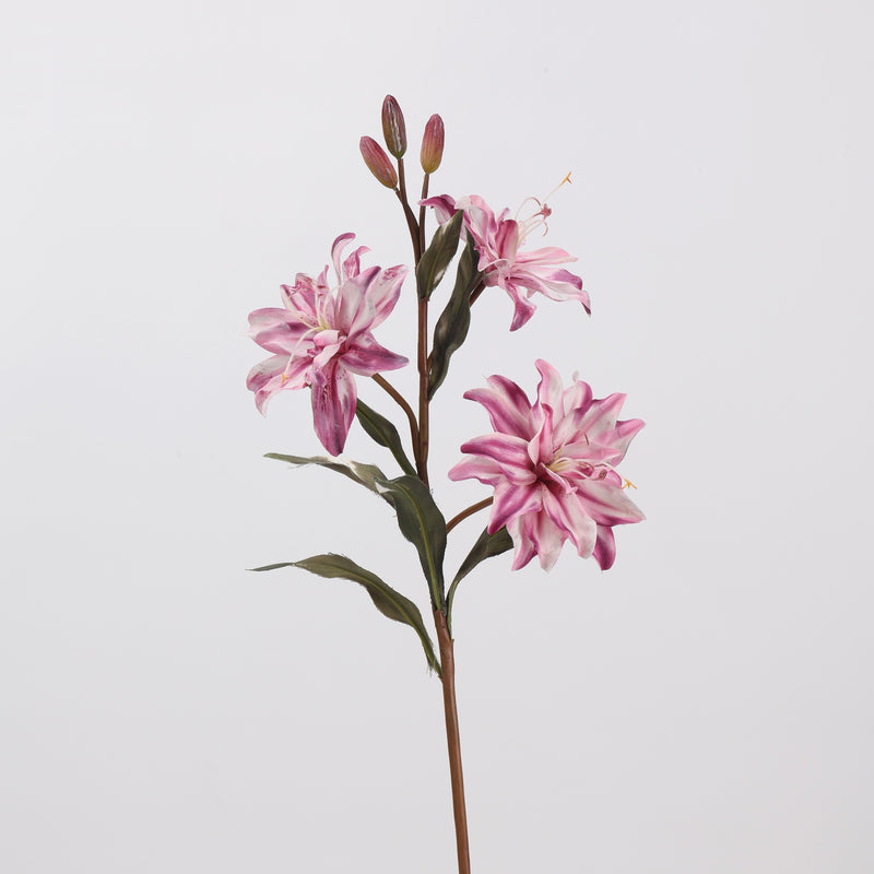 23" Double-Petaled Lily Bush with 3 Blooms, Silk-Like Fabric, Retro Style Artificial Flowers for Weddings & Home Decor