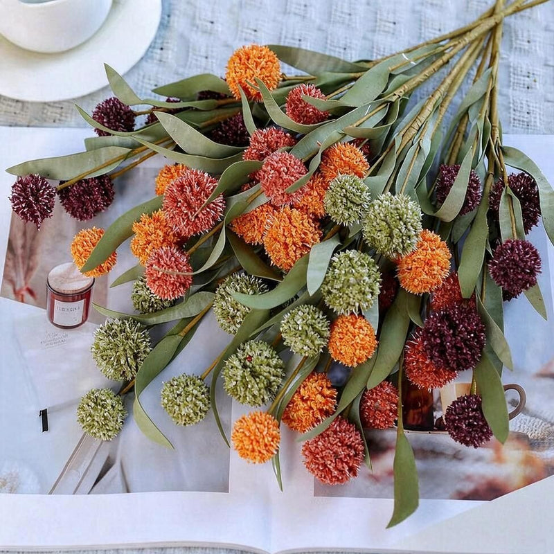 Artificial Chrysanthemum Bush with 6 Blooms, 16.5" Faux Silk Ball Flowers for Fall Home Decor, Weddings & Events