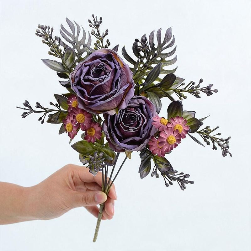Artificial Rose & Daisy Bush with 12 Blooms, 12" Tall, Realistic Faux Flowers for Home Decor, Weddings & Events