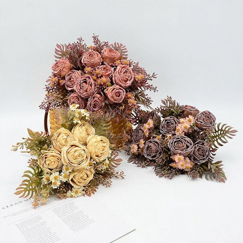 Artificial Rose & Daisy Bush with 12 Blooms, 12" Tall, Realistic Faux Flowers for Home Decor, Weddings & Events