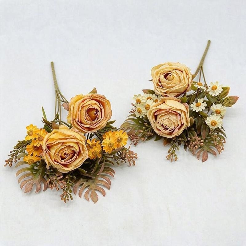 Artificial Rose & Daisy Bush with 12 Blooms, 12" Tall, Realistic Faux Flowers for Home Decor, Weddings & Events