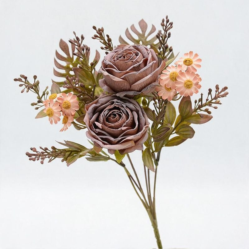 Artificial Rose & Daisy Bush with 12 Blooms, 12" Tall, Realistic Faux Flowers for Home Decor, Weddings & Events