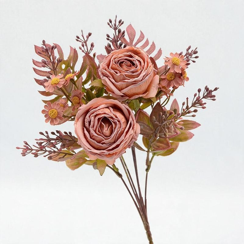 Artificial Rose & Daisy Bush with 12 Blooms, 12" Tall, Realistic Faux Flowers for Home Decor, Weddings & Events