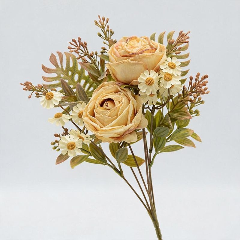 Artificial Rose & Daisy Bush with 12 Blooms, 12" Tall, Realistic Faux Flowers for Home Decor, Weddings & Events