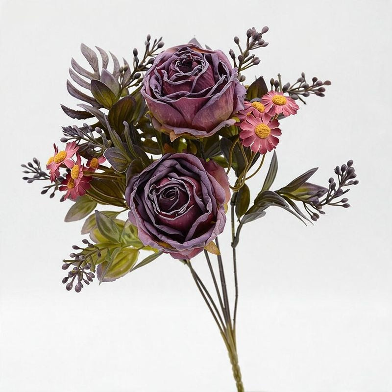 Artificial Rose & Daisy Bush with 12 Blooms, 12" Tall, Realistic Faux Flowers for Home Decor, Weddings & Events