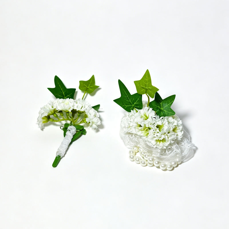 Forget-Me-Not Floral Set, Boutonniere and Wrist Corsage in White, 5.5" and 4" Wide, Wedding Party Accessories