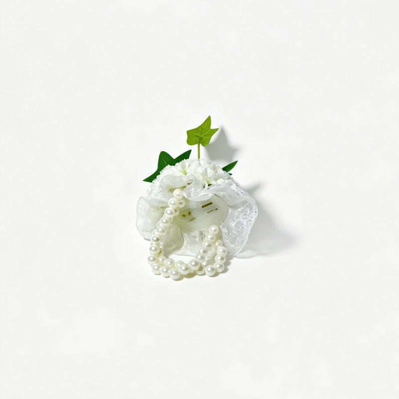 Forget-Me-Not Floral Set, Boutonniere and Wrist Corsage in White, 5.5" and 4" Wide, Wedding Party Accessories