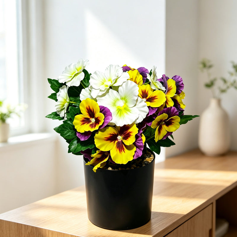 11" Artificial Pansy Potted Plant, Realistic Silk-Like Faux Flowers for Home Decor, Wedding Centerpieces, Office & Cafe