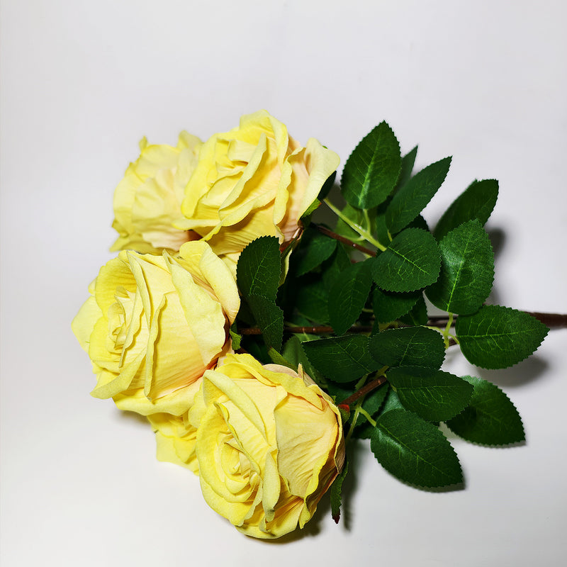 Artificial Yellow Rose Bush with 6 Blooms, 16" Faux Silk Floral Arrangement for Wedding Centerpieces & Home Decor