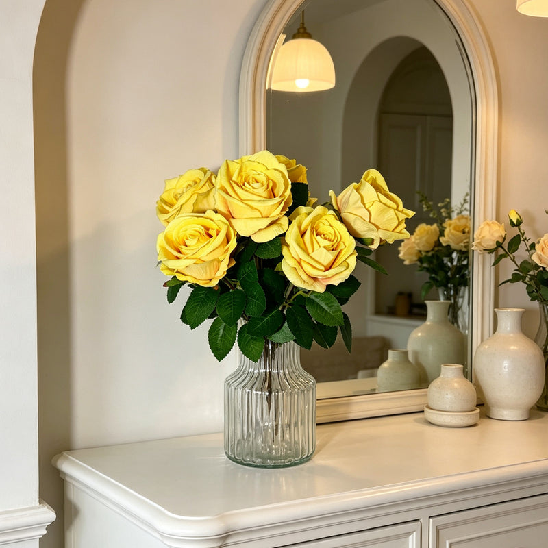 Artificial Yellow Rose Bush with 6 Blooms, 16" Faux Silk Floral Arrangement for Wedding Centerpieces & Home Decor