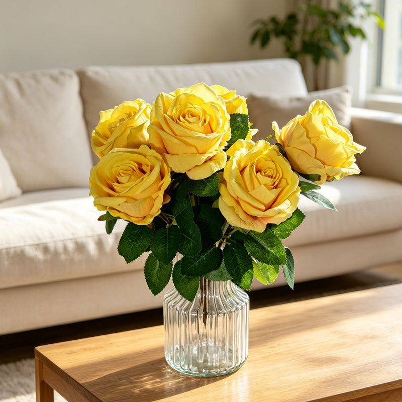 Artificial Yellow Rose Bush with 6 Blooms, 16" Faux Silk Floral Arrangement for Wedding Centerpieces & Home Decor