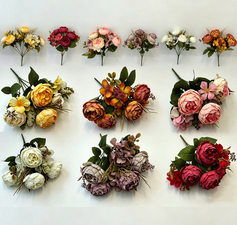 Artificial Peony Bush with 6 Blooms, 12" Silk-Like Floral Arrangement for Weddings, Home Decor, and Events