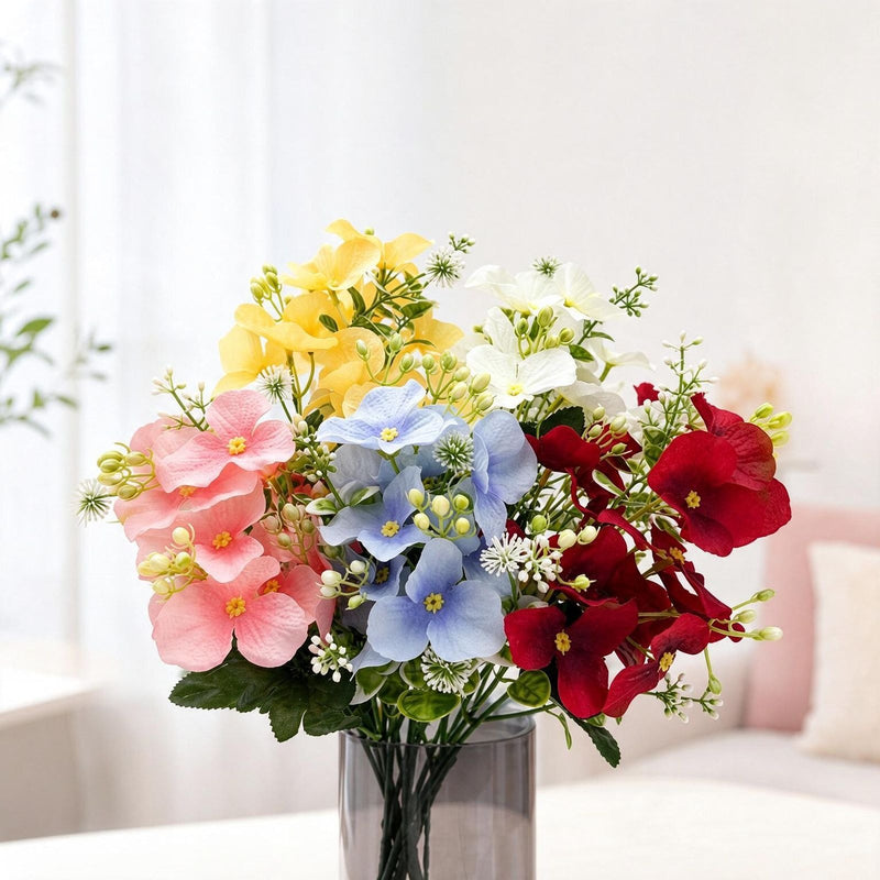 Hydrangea Bush with Pastel Blooms, Silk-Like Fabric, 14" Tall, Perfect for Home Decor, Weddings & Events