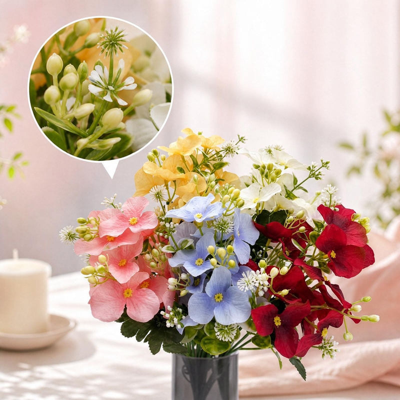 Hydrangea Bush with Pastel Blooms, Silk-Like Fabric, 14" Tall, Perfect for Home Decor, Weddings & Events