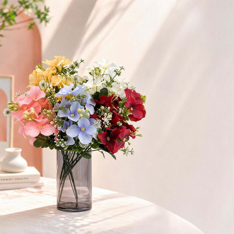 Hydrangea Bush with Pastel Blooms, Silk-Like Fabric, 14" Tall, Perfect for Home Decor, Weddings & Events