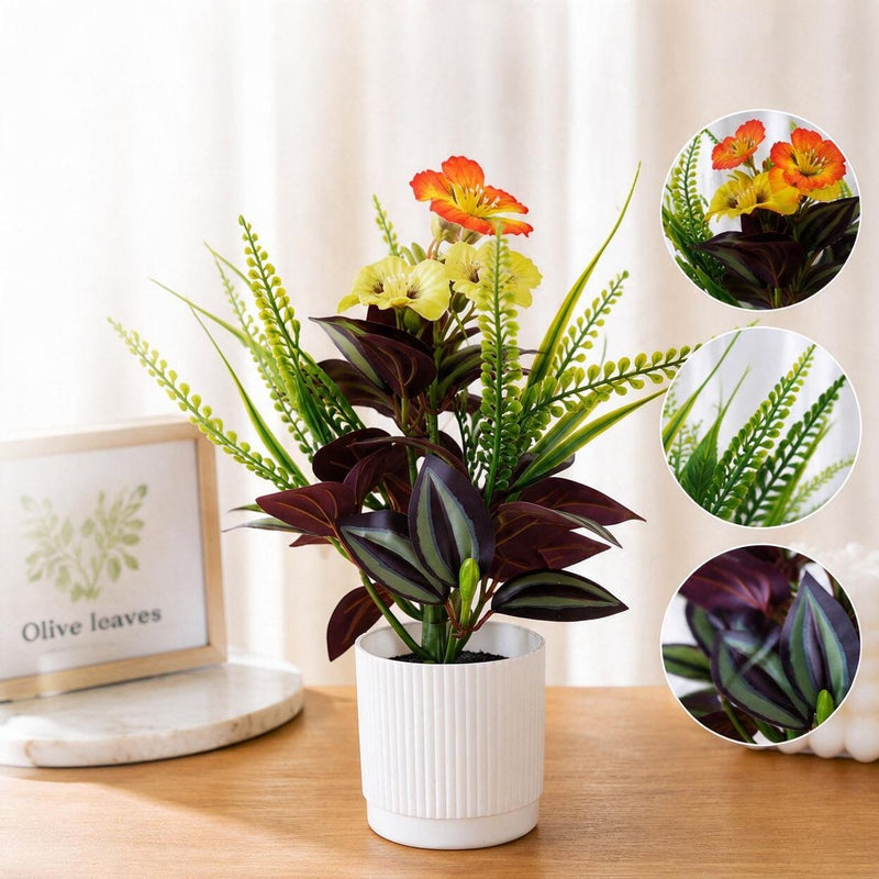 Artificial Wandering Jew Devil's Eye & Impatiens Bush, 11.5" Tall Realistic Fake Plants for Home Decor, Office, Wedding Centerpieces