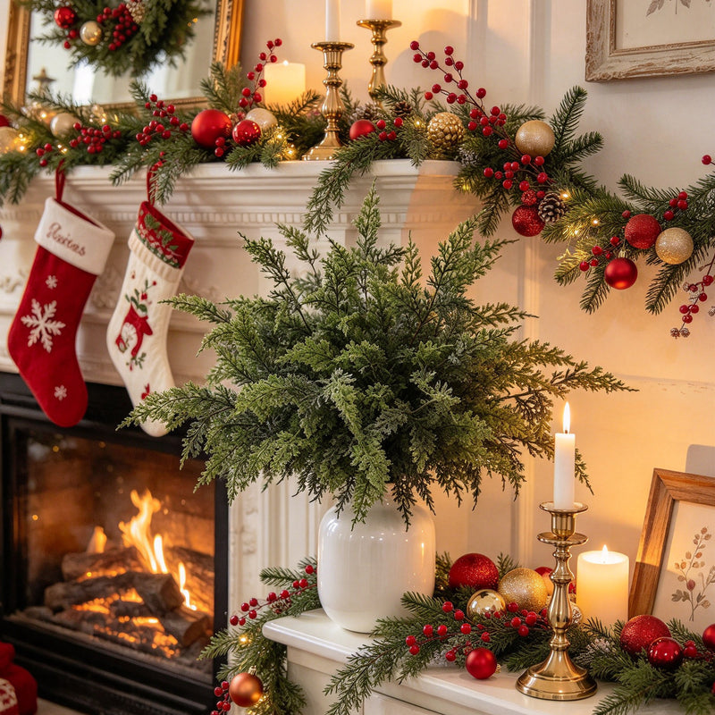 Set of 16 Artificial Cedar Stems, 13" Realistic Greenery Branches for DIY Holiday Wreaths, Vase Arrangements & Home Decor