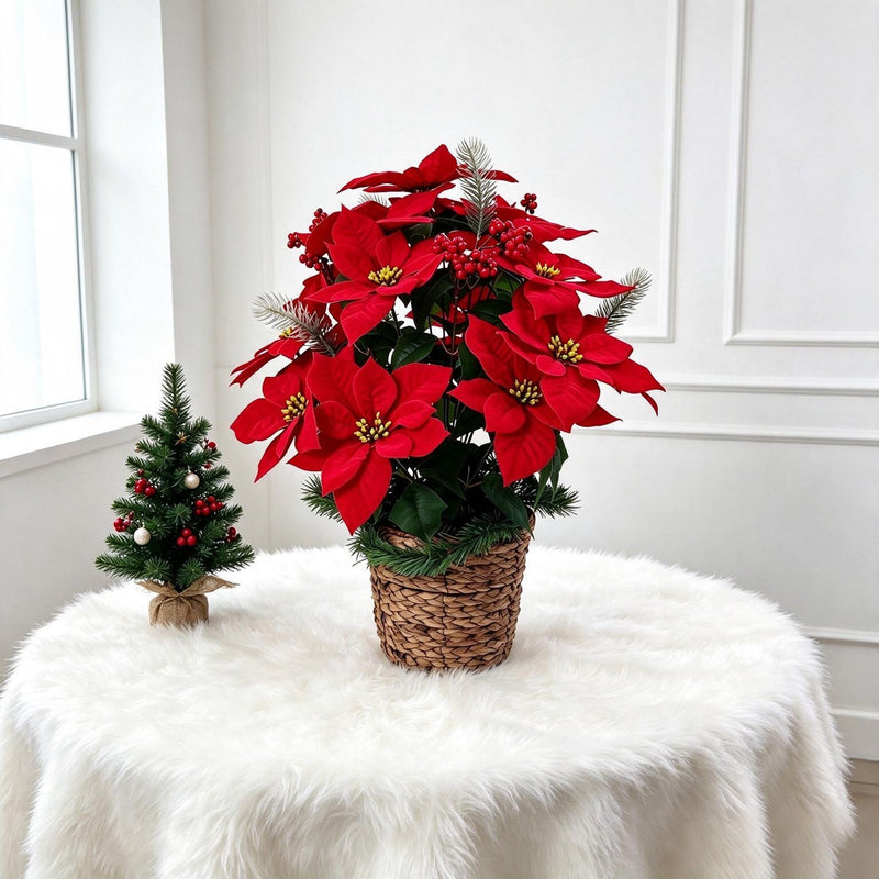 24-Bloom Artificial Poinsettia Bush, 23" Silk-like Floral Arrangement for Christmas, Weddings, Home & Office Decor