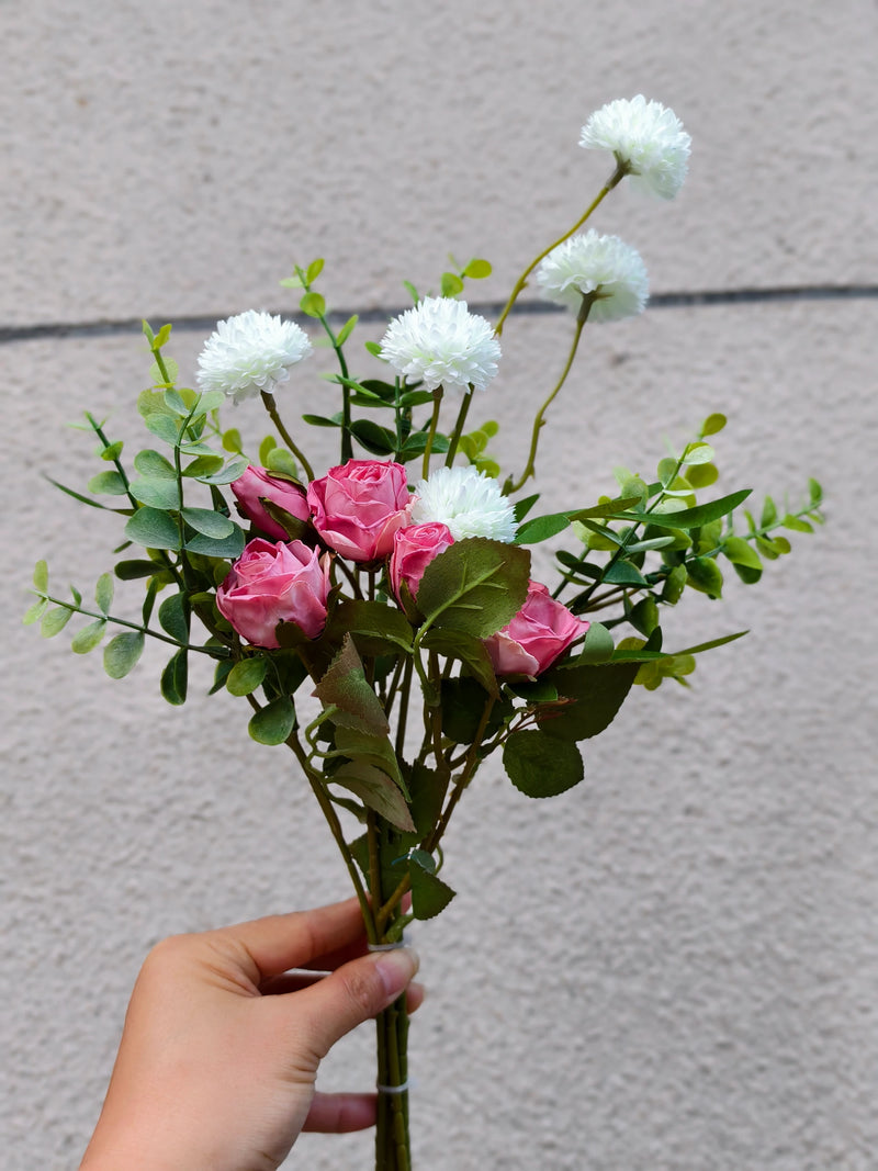 Artificial Eucalyptus Rose & Chrysanthemum Bouquet, 17" Hand-Tied Floral Bundle with 10 Blooms, Boho Chic Faux Flowers for Home Decor, Weddings & Events