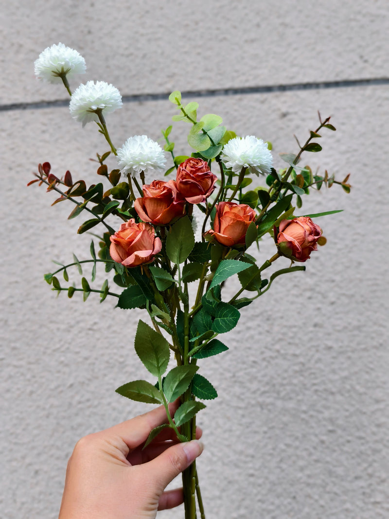 Artificial Eucalyptus Rose & Chrysanthemum Bouquet, 17" Hand-Tied Floral Bundle with 10 Blooms, Boho Chic Faux Flowers for Home Decor, Weddings & Events