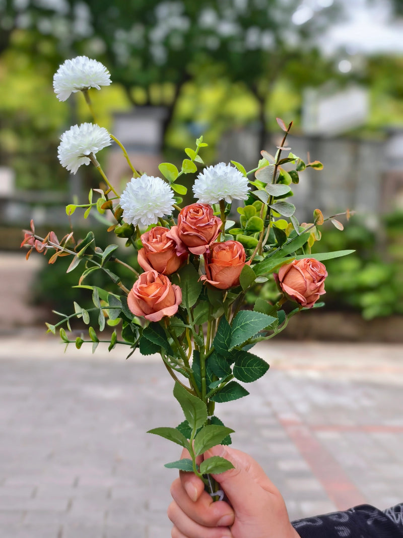 Artificial Eucalyptus Rose & Chrysanthemum Bouquet, 17" Hand-Tied Floral Bundle with 10 Blooms, Boho Chic Faux Flowers for Home Decor, Weddings & Events