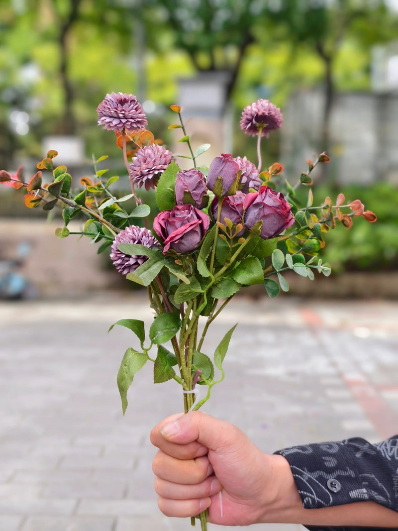 Artificial Eucalyptus Rose & Chrysanthemum Bouquet, 17" Hand-Tied Floral Bundle with 10 Blooms, Boho Chic Faux Flowers for Home Decor, Weddings & Events
