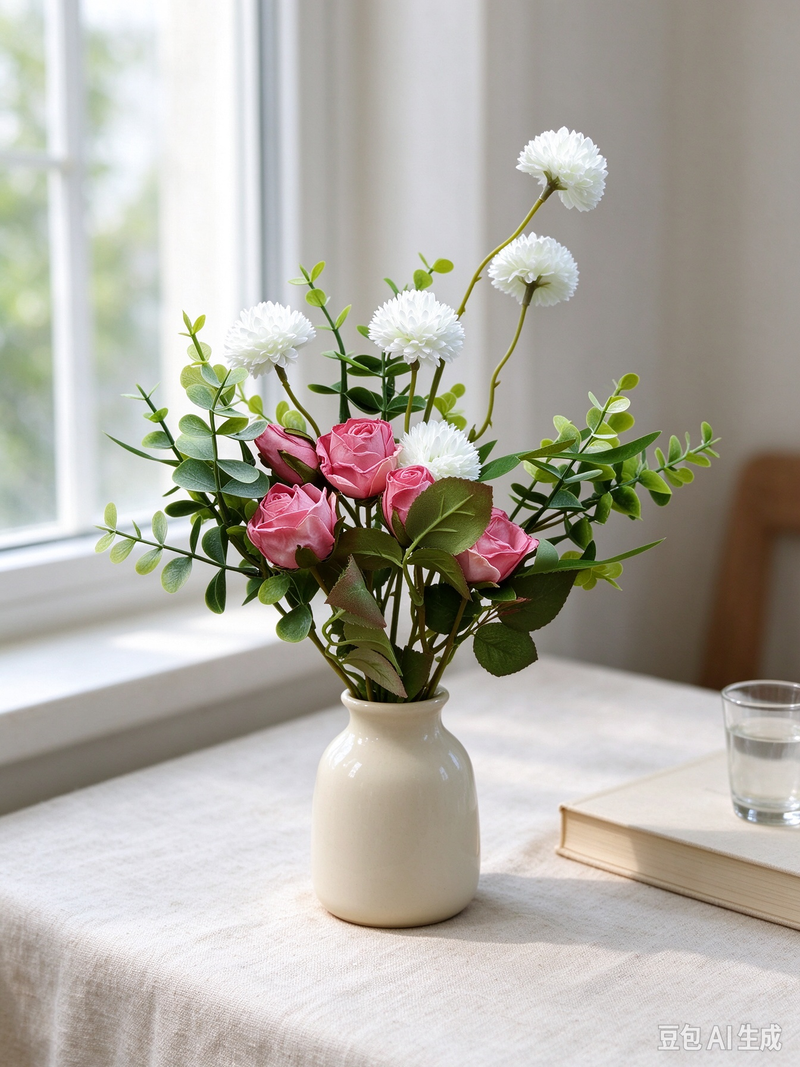 Artificial Eucalyptus Rose & Chrysanthemum Bouquet, 17" Hand-Tied Floral Bundle with 10 Blooms, Boho Chic Faux Flowers for Home Decor, Weddings & Events