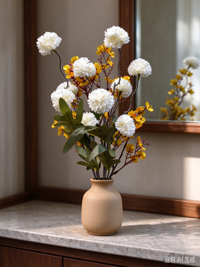 Artificial Baby's Breath & Chrysanthemum Bouquet, 17" Height, Silk-Like Fabric, 10 Blooms, Perfect for Home Decor, Weddings, and Events
