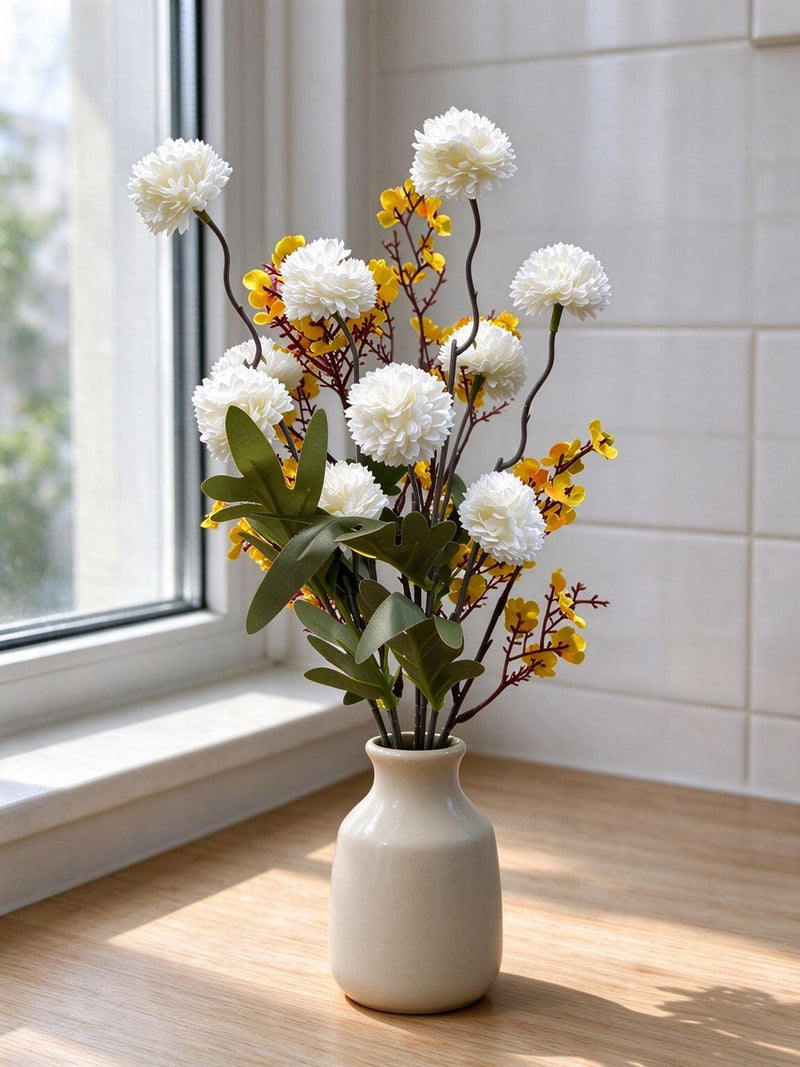 Artificial Baby's Breath & Chrysanthemum Bouquet, 17" Height, Silk-Like Fabric, 10 Blooms, Perfect for Home Decor, Weddings, and Events