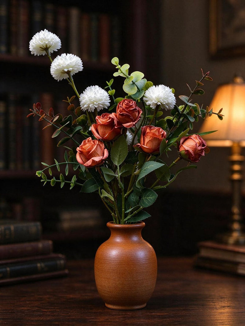Artificial Eucalyptus Rose & Chrysanthemum Bouquet, 17" Hand-Tied Floral Bundle with 10 Blooms, Boho Chic Faux Flowers for Home Decor, Weddings & Events