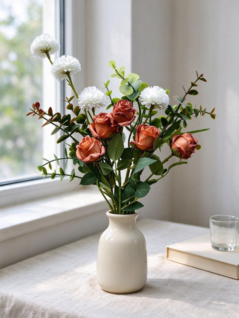 Artificial Eucalyptus Rose & Chrysanthemum Bouquet, 17" Hand-Tied Floral Bundle with 10 Blooms, Boho Chic Faux Flowers for Home Decor, Weddings & Events