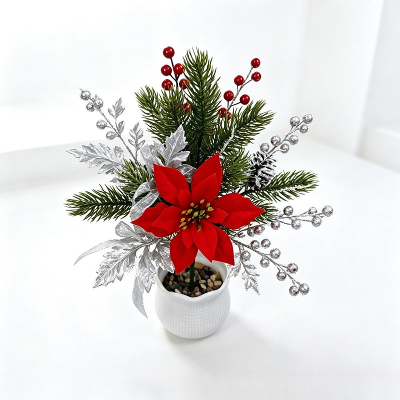 Set of 2 Artificial Poinsettia Stems, 14" Christmas Floral Arrangement, Silk-Like Faux Flowers for Holiday Decor