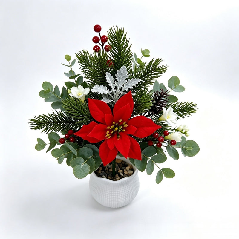 Set of 2 Artificial Poinsettia Stems, 14" Christmas Floral Arrangement, Silk-Like Faux Flowers for Holiday Decor