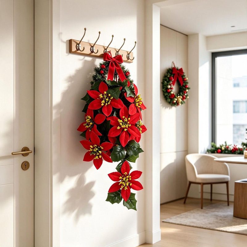 16" Artificial Poinsettia Garland with 11 Blooms, Bendable Wire Stem Christmas Holiday Decor for Walls, Doors and Banisters