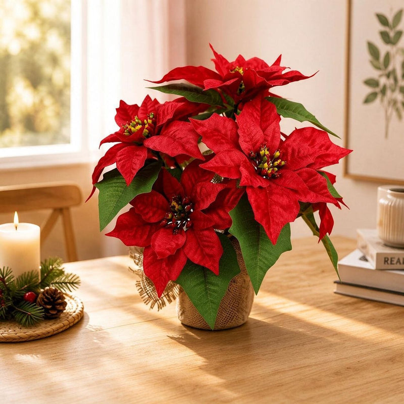 14" Artificial Poinsettia Bush with Planter, Christmas Holiday Decor for Home, Office & Events, Realistic Plastic Faux Floral Arrangement