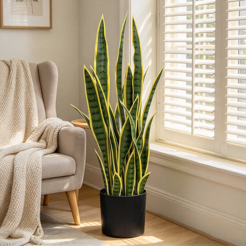 28" Artificial Snake Plant Potted with Container, Realistic Fake Sansevieria for Home Office Decor, Wedding & Commercial Spaces