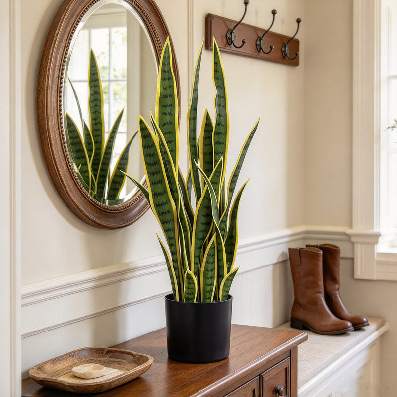28" Artificial Snake Plant Potted with Container, Realistic Fake Sansevieria for Home Office Decor, Wedding & Commercial Spaces