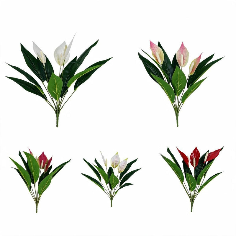 Artificial Anthurium Bush with 12 Blooms, 17" Tall Faux Floral Arrangement for Home Decor, Wedding Centerpieces & Commercial Displays