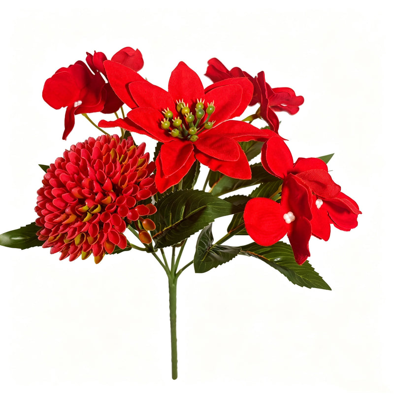 10" Artificial Poinsettia Bush with Golden Berries, Christmas Decoration, Faux Silk Flowers