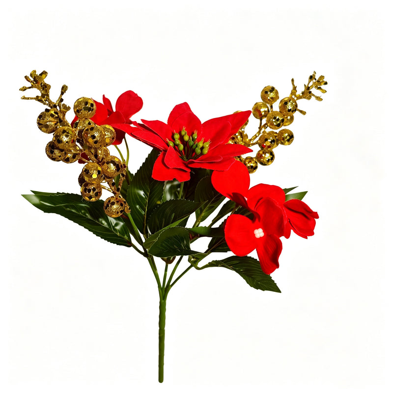 10" Artificial Poinsettia Bush with Golden Berries, Christmas Decoration, Faux Silk Flowers