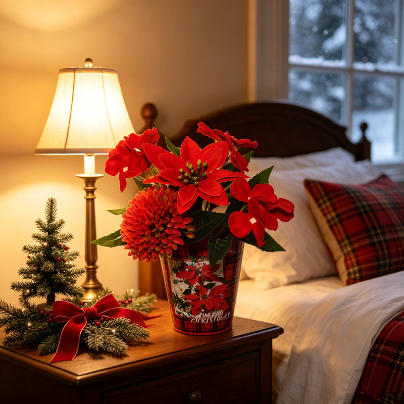 10" Artificial Poinsettia Bush with Golden Berries, Christmas Decoration, Faux Silk Flowers