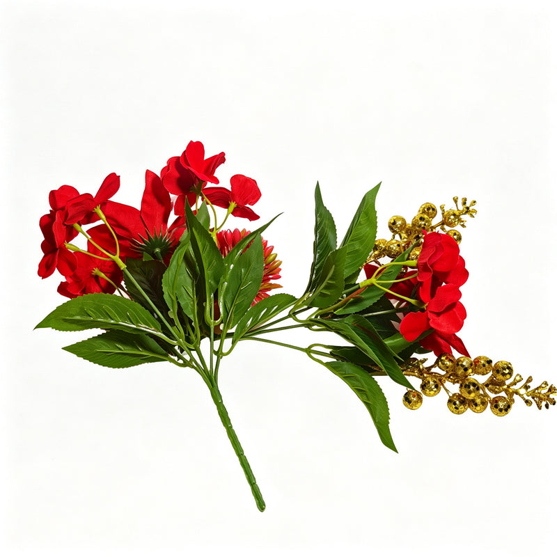 10" Artificial Poinsettia Bush with Golden Berries, Christmas Decoration, Faux Silk Flowers