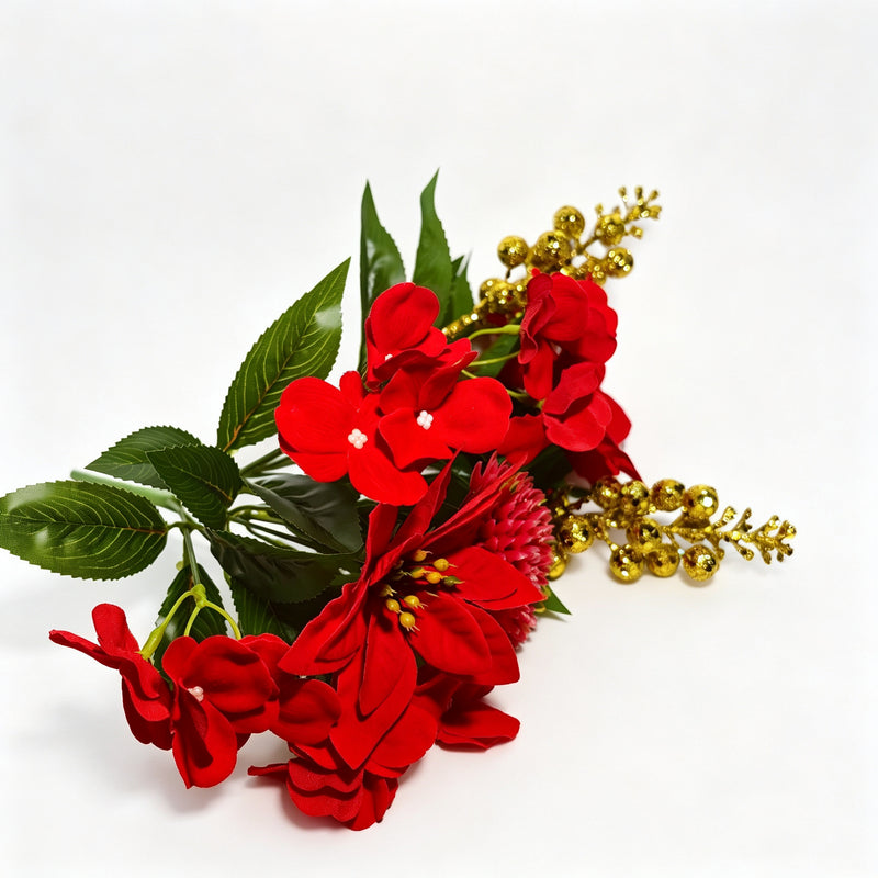 10" Artificial Poinsettia Bush with Golden Berries, Christmas Decoration, Faux Silk Flowers