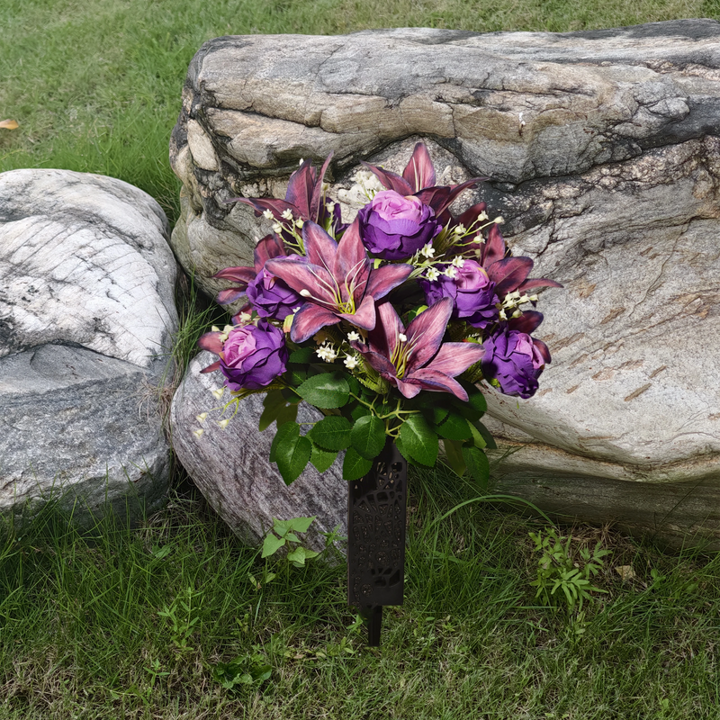 Vintage Purple Artificial Lily & Rose Bouquet with Baby's Breath in Floral Bucket, 24-Bloom Arrangement