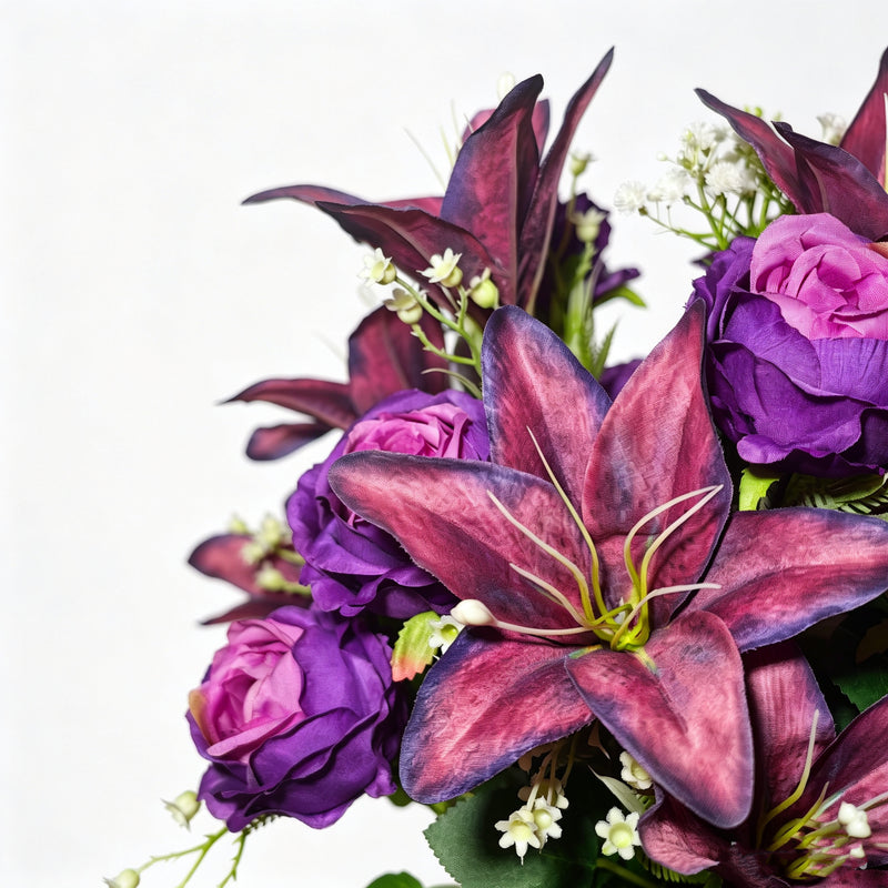 Vintage Purple Artificial Lily & Rose Bouquet with Baby's Breath in Floral Bucket, 24-Bloom Arrangement