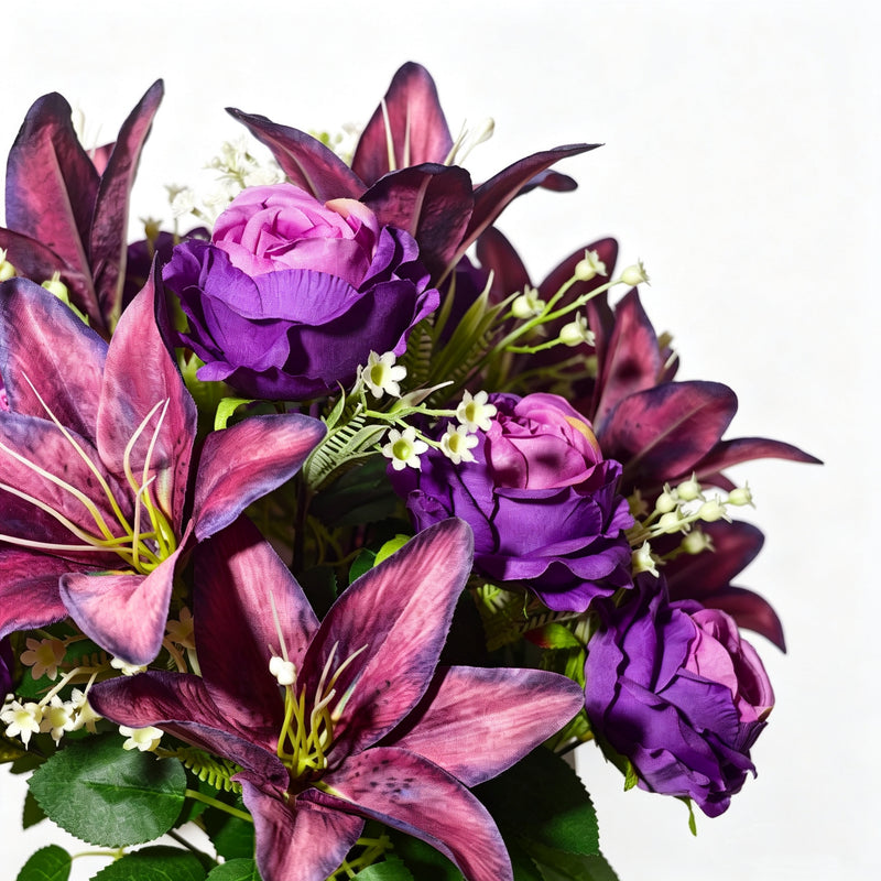 Vintage Purple Artificial Lily & Rose Bouquet with Baby's Breath in Floral Bucket, 24-Bloom Arrangement