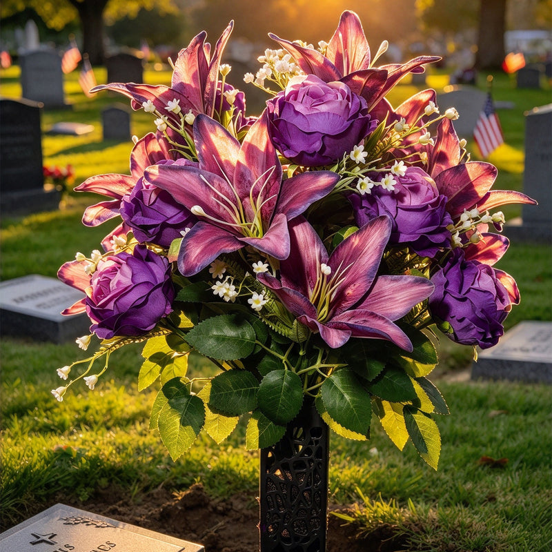 Vintage Purple Artificial Lily & Rose Bouquet with Baby's Breath in Floral Bucket, 24-Bloom Arrangement