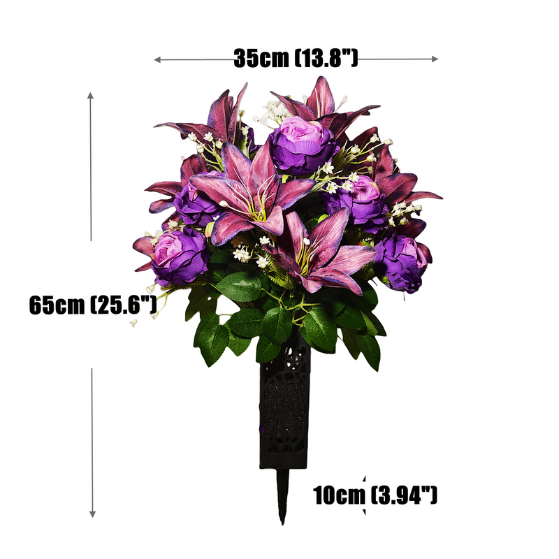 Vintage Purple Artificial Lily & Rose Bouquet with Baby's Breath in Floral Bucket, 24-Bloom Arrangement
